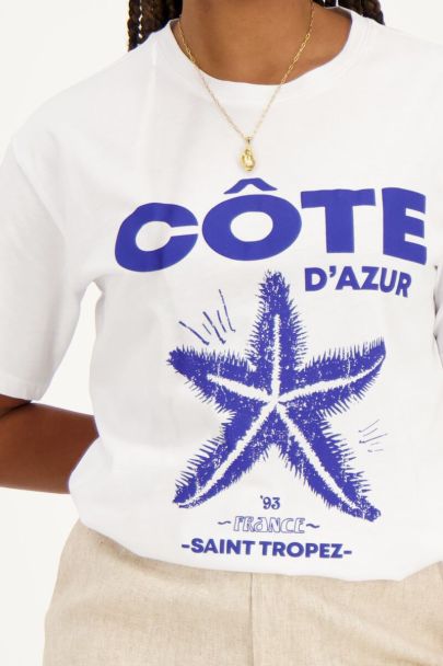 Weißes T-Shirt mit blauem "Cote d'azur"