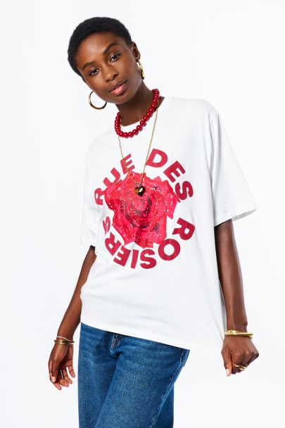 Weißes T-Shirt mit Rose "Rue des rosiers"