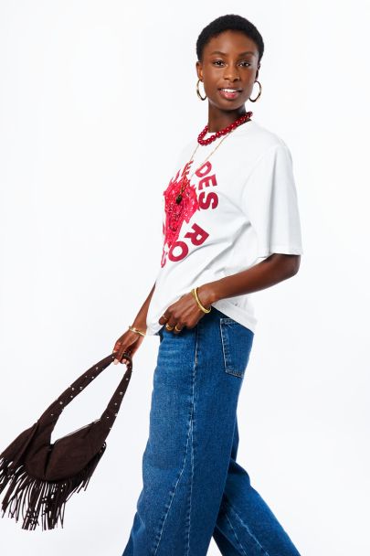 Weißes T-Shirt mit Rose "Rue des rosiers"