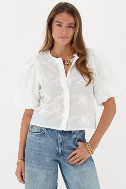 White top with puff sleeves & floral embroidery
