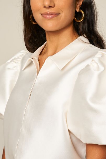 White top with short puff sleeves in satin look