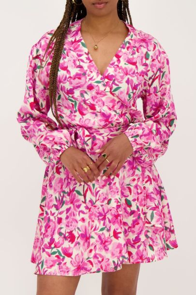 White wrap dress with pink floral print