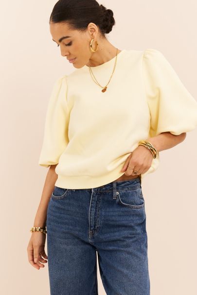 Gele sweat top met korte pofmouwen