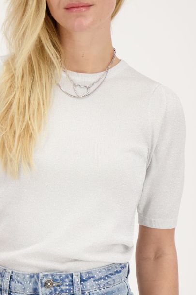 Silver coloured lurex top with short sleeves