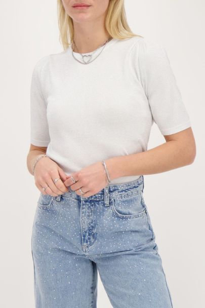 Silver coloured lurex top with short sleeves