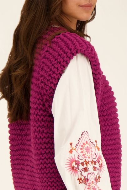 Paars grof gebreid gilet met schoudervulling