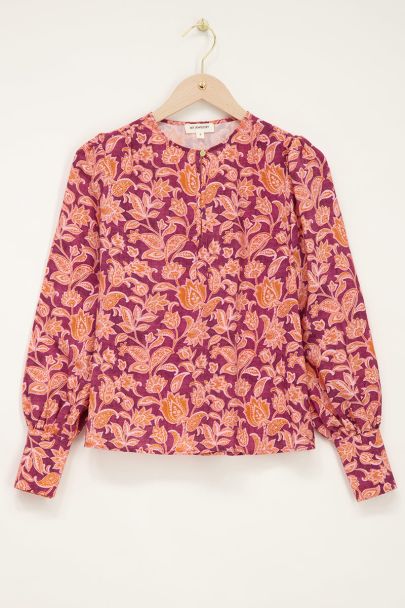 Purple floral print top with puff sleeves