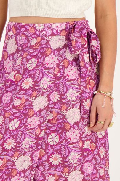 Purple midi wrap skirt with pink floral print