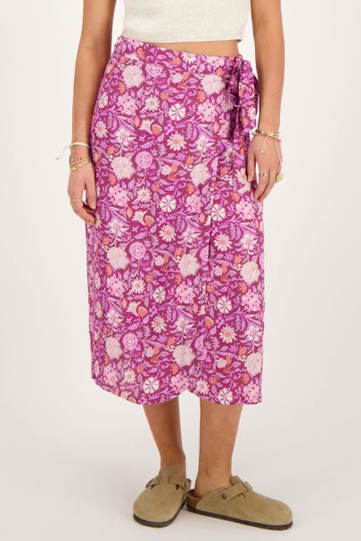 Paarse midi wikkelrok met roze bloemenprint