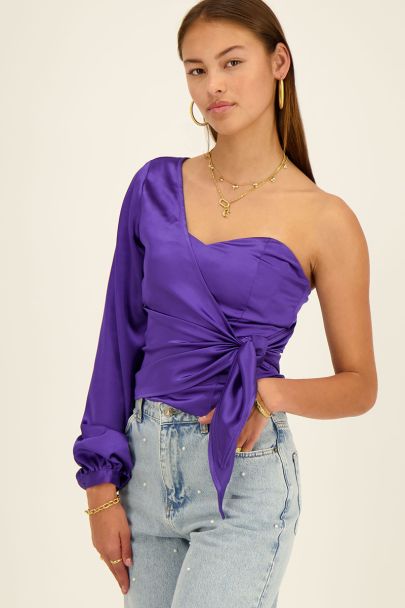 Paarse one-shoulder corset top satijn