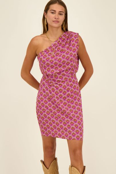 Paarse one shoulder jurk met ornamentprint