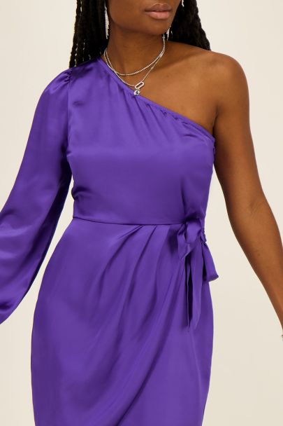 Purple satin one-shoulder wrap dress