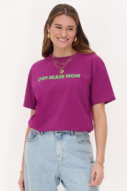 Purple T-shirt with green "Oui mais non"
