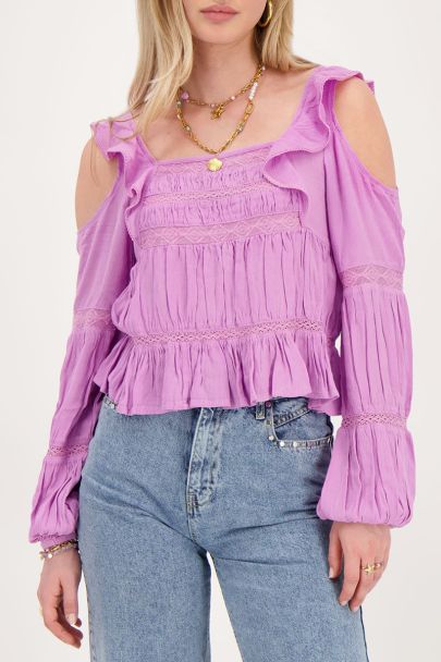 Paarse top met lange mouwen met tapes en ruffles