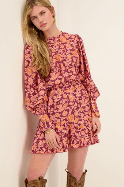 Blouse fleurie bordeaux et orange à manches bouffantes