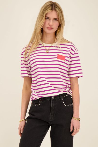Paars gestreept T-shirt met patch