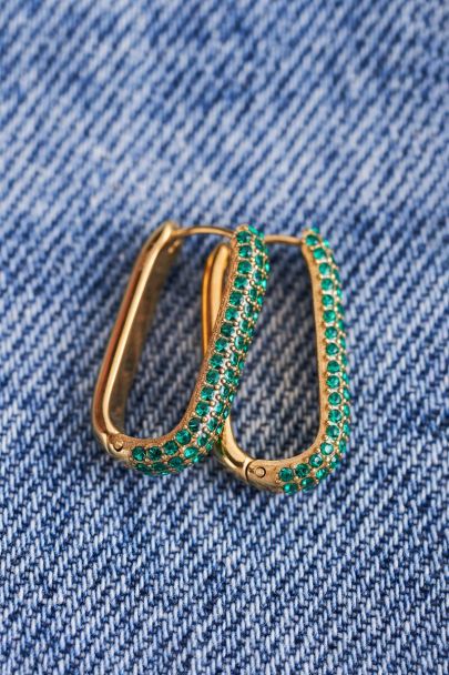 Rectangular earrings with green rhinestones