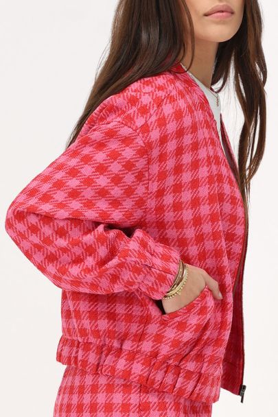 Rot-pink karierte Oversize-Bomberjacke