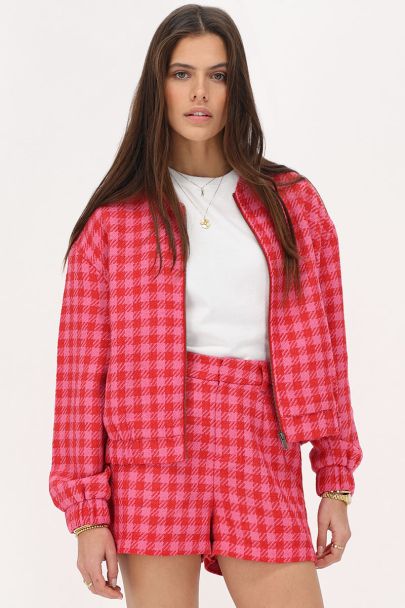 Rot-pink karierte Oversize-Bomberjacke