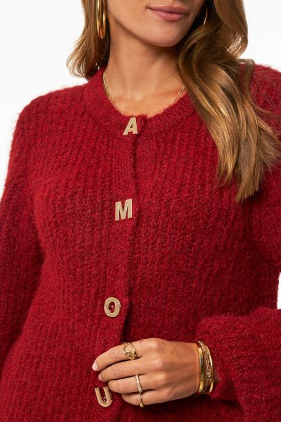 Red knitted cardigan with l'amour buttons