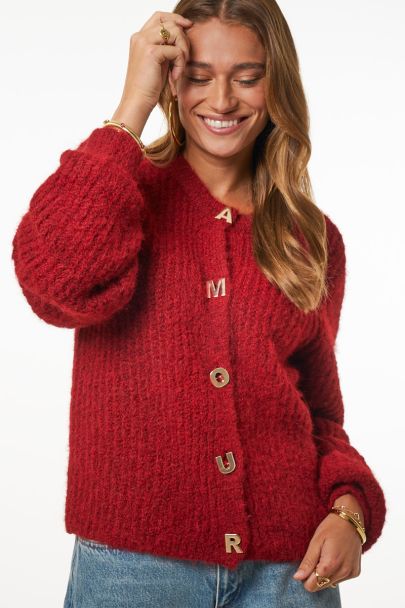 Red knitted cardigan with l'amour buttons