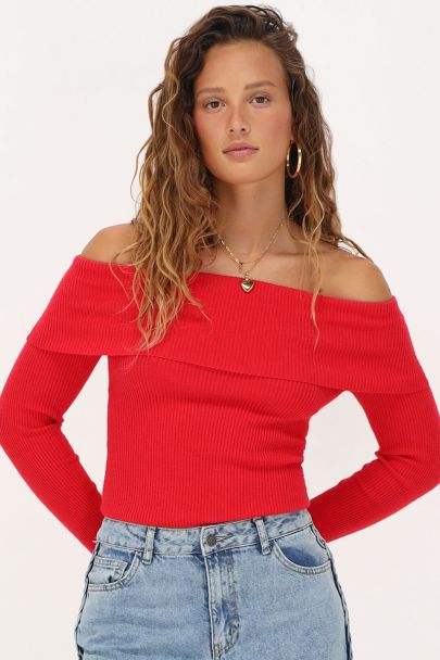 Rode off-shoulder top met rib