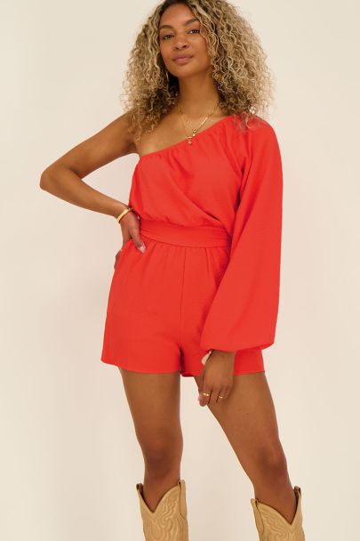 Red one-shoulder playsuit