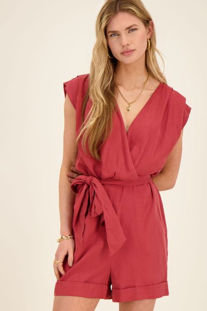 Red sleeveless wrap playsuit