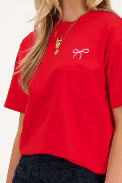 Rood T-shirt met roze strik embroidery