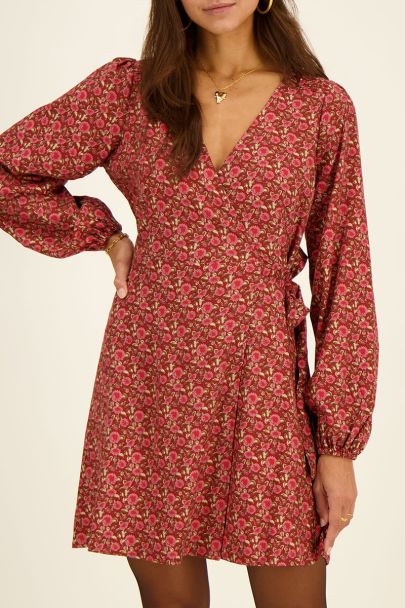 Red wrap dress with floral print