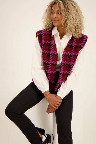 Rood grof gebreid pied-de-poule gilet