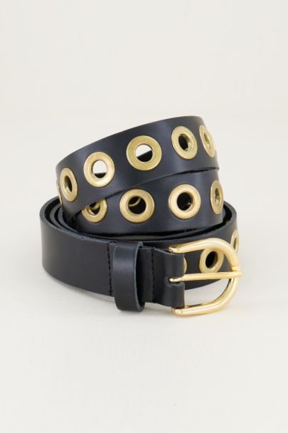 Black leather belt featuring gold rings | My Jewellery