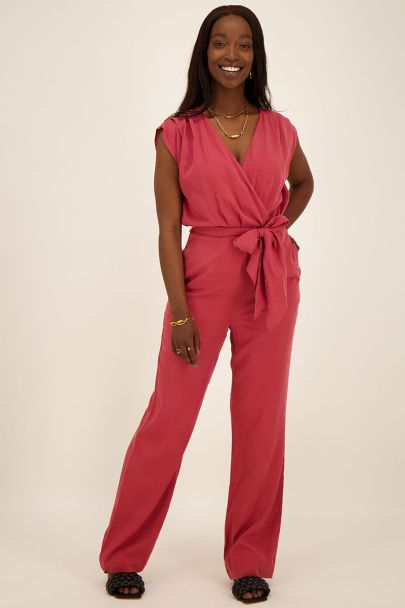 Red sleeveless wrap jumpsuit