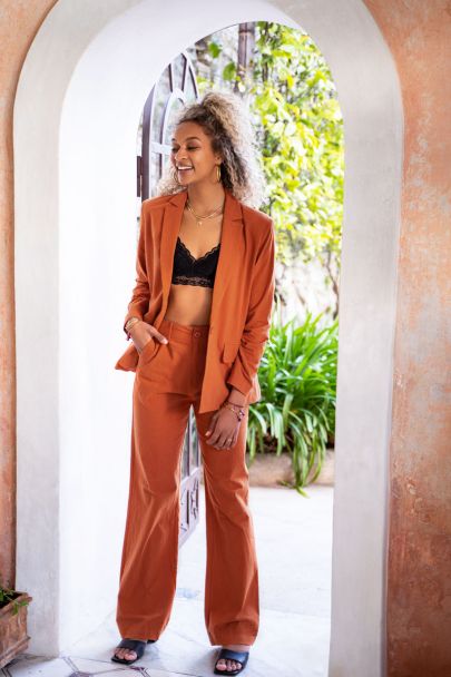 Orange linen look wide leg trousers