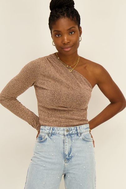 Rose gold one-shoulder top with lurex