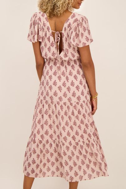Pink printed deep V-neck maxi dress 