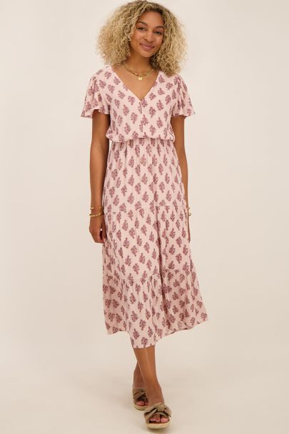 Robe midi rose avec col en V profond et imprimé