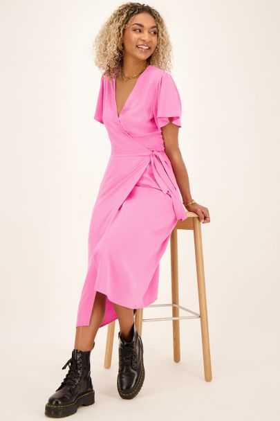Pink midi wrap dress with butterfly sleeves
