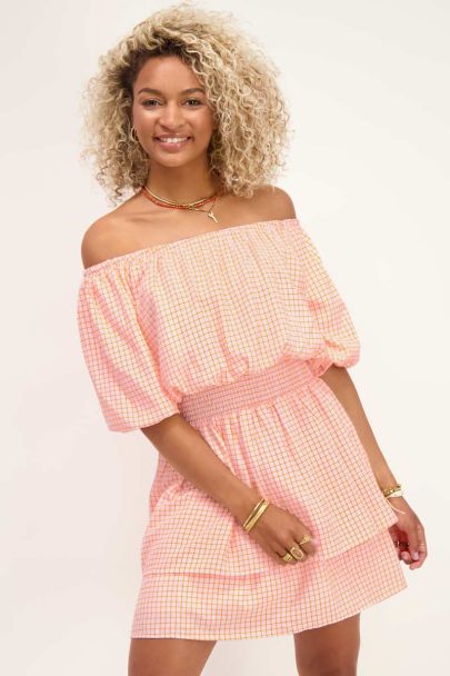 Pink off shoulder dress with checks