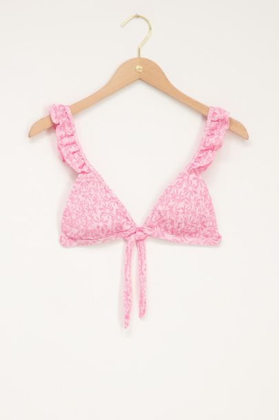 Roze triangel bikini top met bloemenprint & ruffles