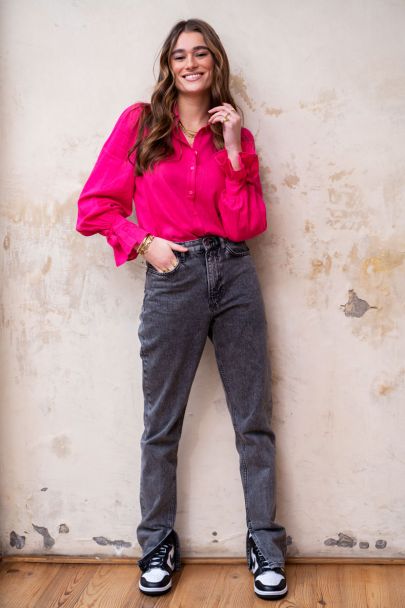 Pink button down linen look blouse