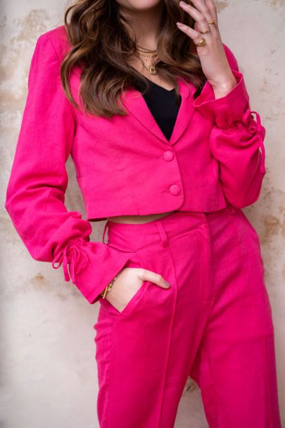 Pink linen look cropped blazer