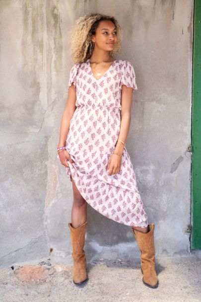 Roze maxi jurk met diepe V-hals & print