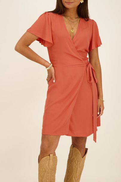 Rust orange wrap dress with short sleeves