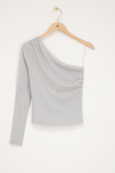Top asym√©trique √† manche longue couleur argentée en lurex
