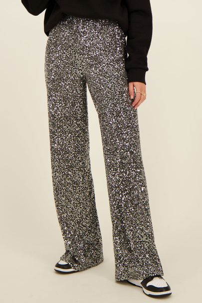 Zilveren wide leg broek met pailletten 