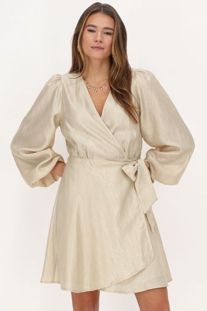 Taupe jurk met overslag satijnen look