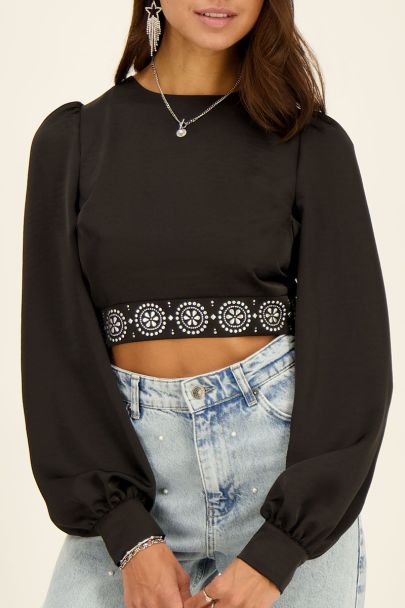 Satin black top with studs & lace-up back