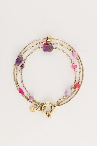 Driedubbele armband met roze en paarse kraaltjes