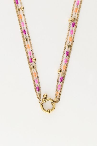 Dreifach-Kette mit orangefarbenen & pinken Perlen